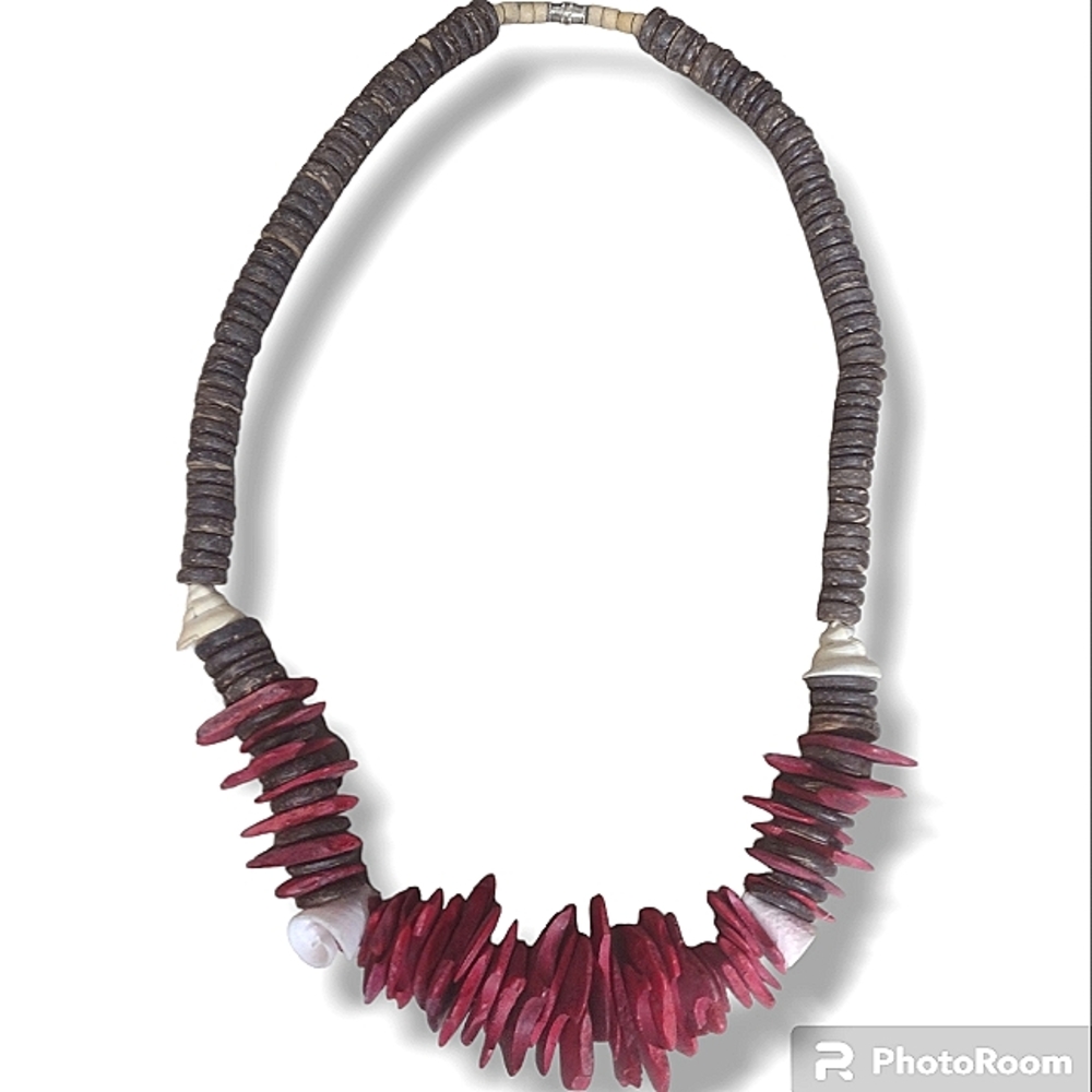 Vintage Wood Beaded Necklace with Coral Wood Chips & Pink Seashell Accents